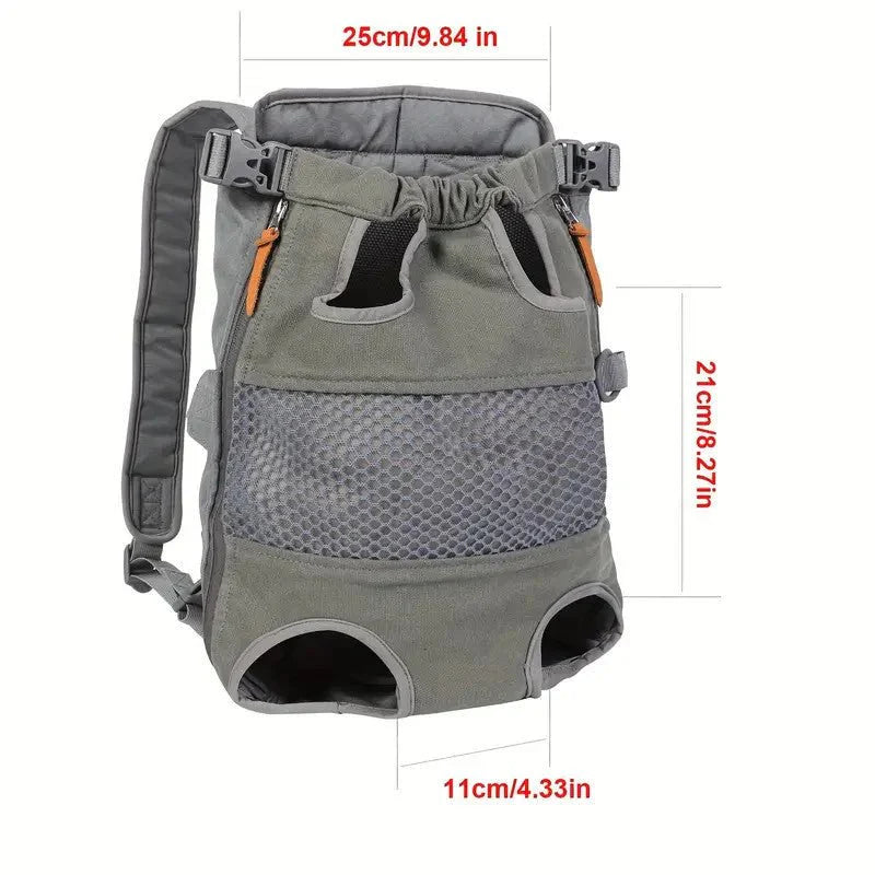 Side view of a grey pet travel backpack, comfortable hands-free carrier for pets