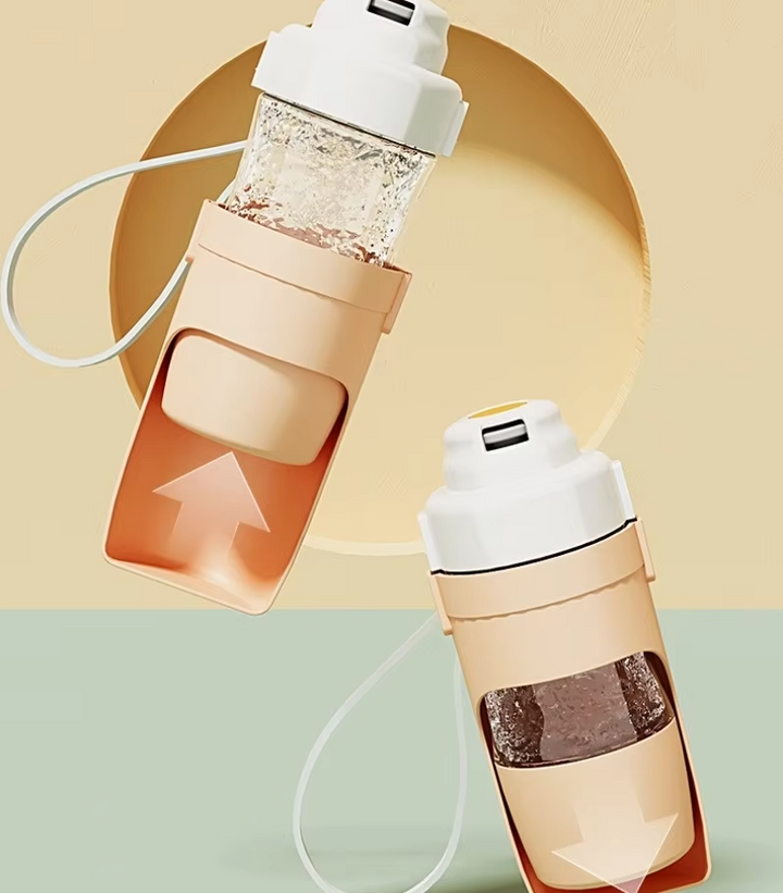 Leak-proof pet travel water bottle and food dispenser for walks and trips