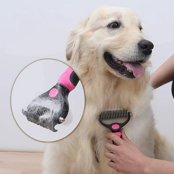 Unisex pet undercoat grooming brush for dogs and cats, grey with soft bristles, reducing shedding.