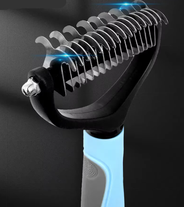 Dog undercoat grooming tool with ergonomic handle, effectively removing loose fur and promoting pet health.