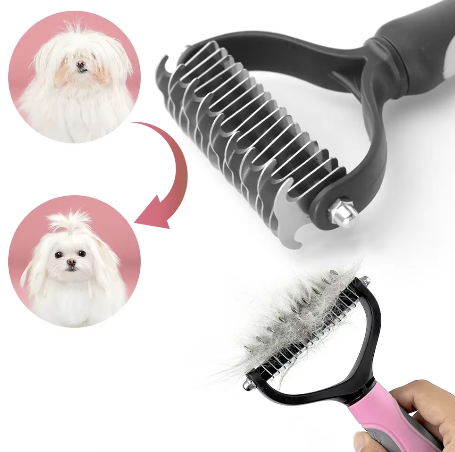 Grey pet care undercoat brush displayed on a white background, suitable for effective animal grooming.