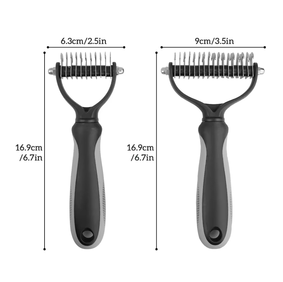 Detailed view of the large grey undercoat pet brush, emphasizing its shedding reduction capabilities.
