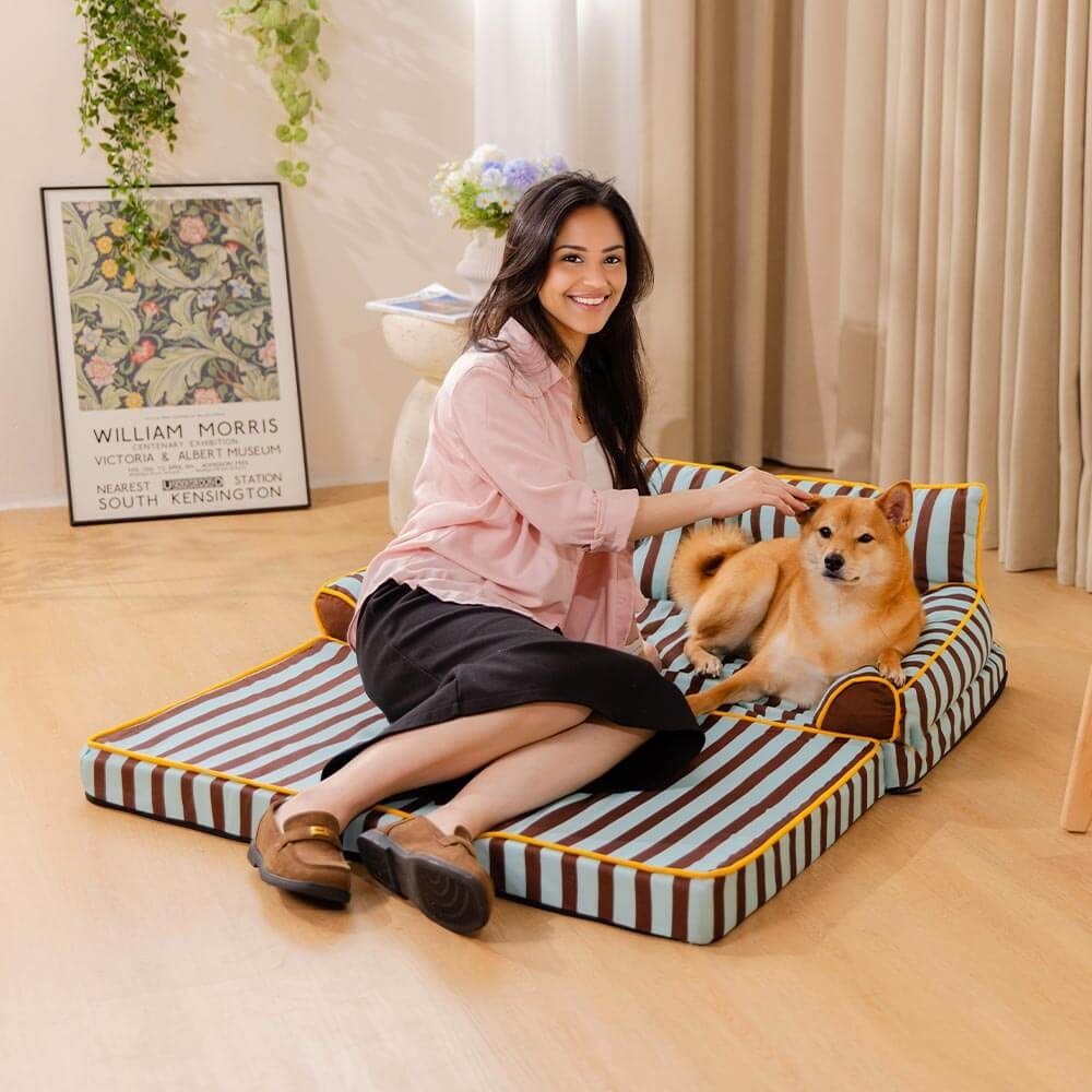 Unisex pet water-repellent striped sofa dog bed, comfortable and foldable with joint support.