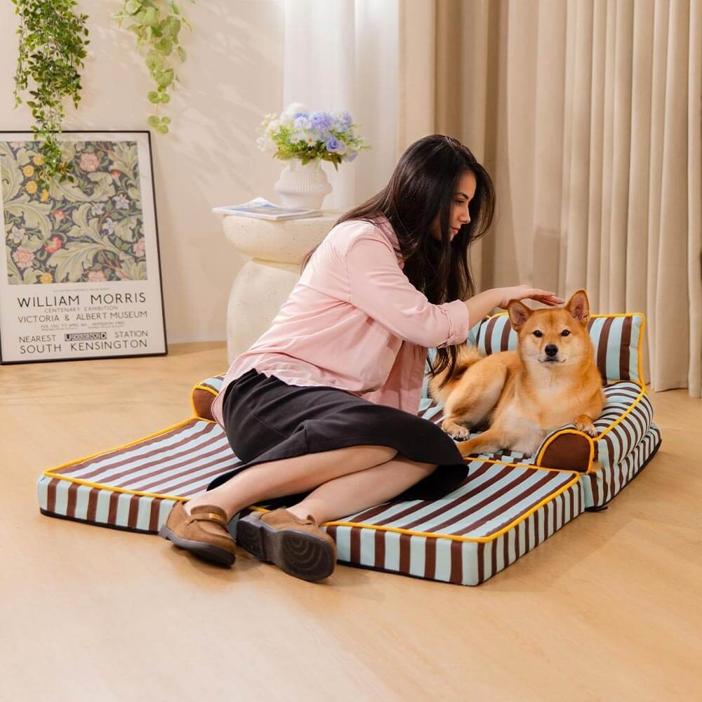 Striped dog bed, water-repellent pet sofa for joint support. Easy to clean pet furniture.