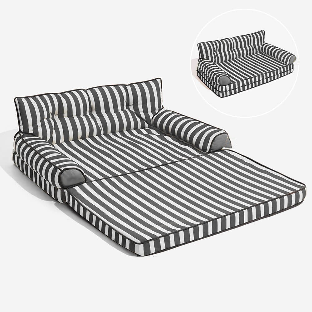 Foldable pet sofa, striped dog bed, water-repellent fabric for comfort and easy cleaning.