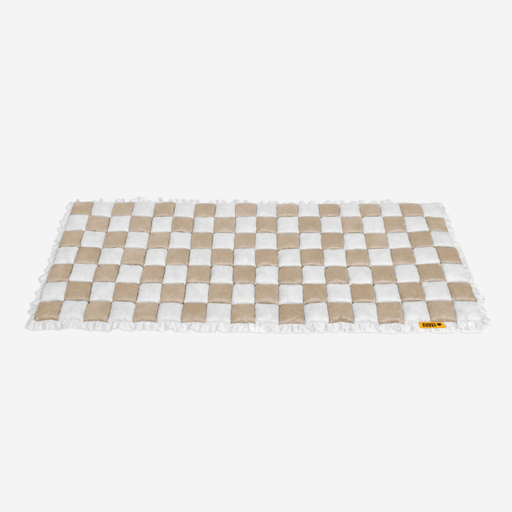 Non-slip backing of plaid pet mat, ensuring stability and furniture protection