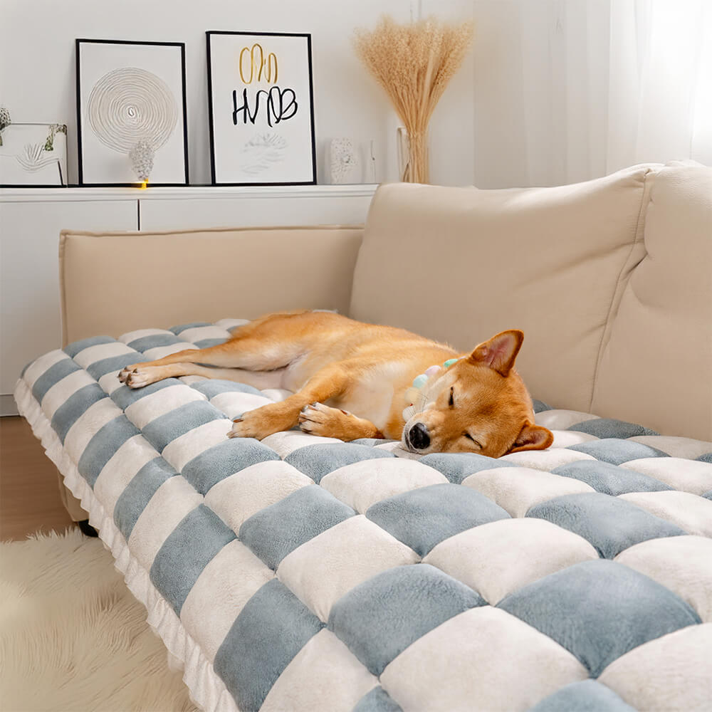 Close-up of plaid fabric on pet mat couch cover, showing texture and quality, home decor