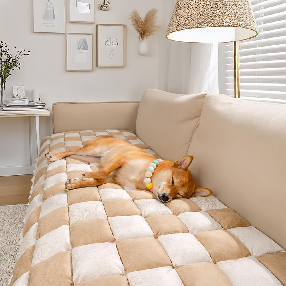 Non-slip plaid couch cover for pets, ensuring it stays in place, essential pet supplies