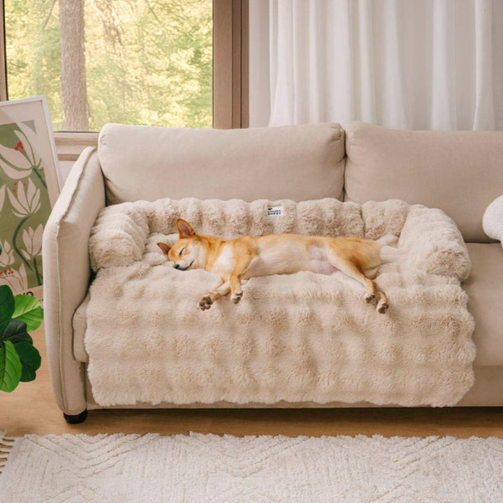Cozy pet bed in a home setting, plush gray, offering ultimate comfort for pets