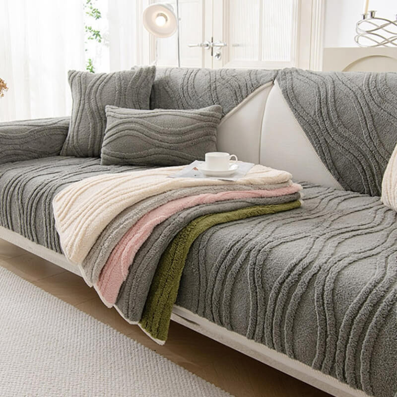 Unisex plush non-slip sofa slipcover in grey, perfect for pet friendly home decor.