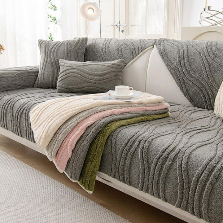 Unisex plush non-slip sofa slipcover in grey, perfect for pet friendly home decor.