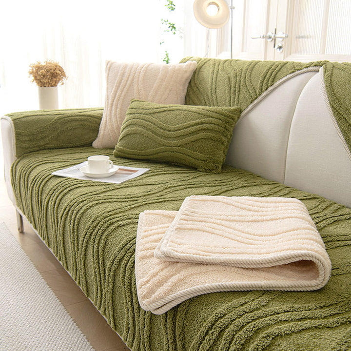 Textured grey couch cover, unisex plush non-slip design for comfortable home decor.