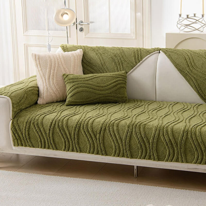 Pet friendly grey plush sofa slipcover, durable and easy to maintain, non-slip.