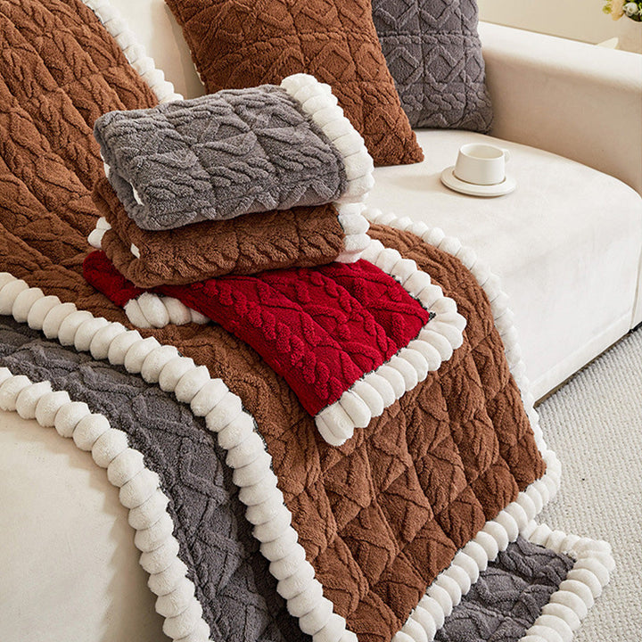Plaid anti-slip sofa protector in plush velvet, a smart and unisex choice for home decor.