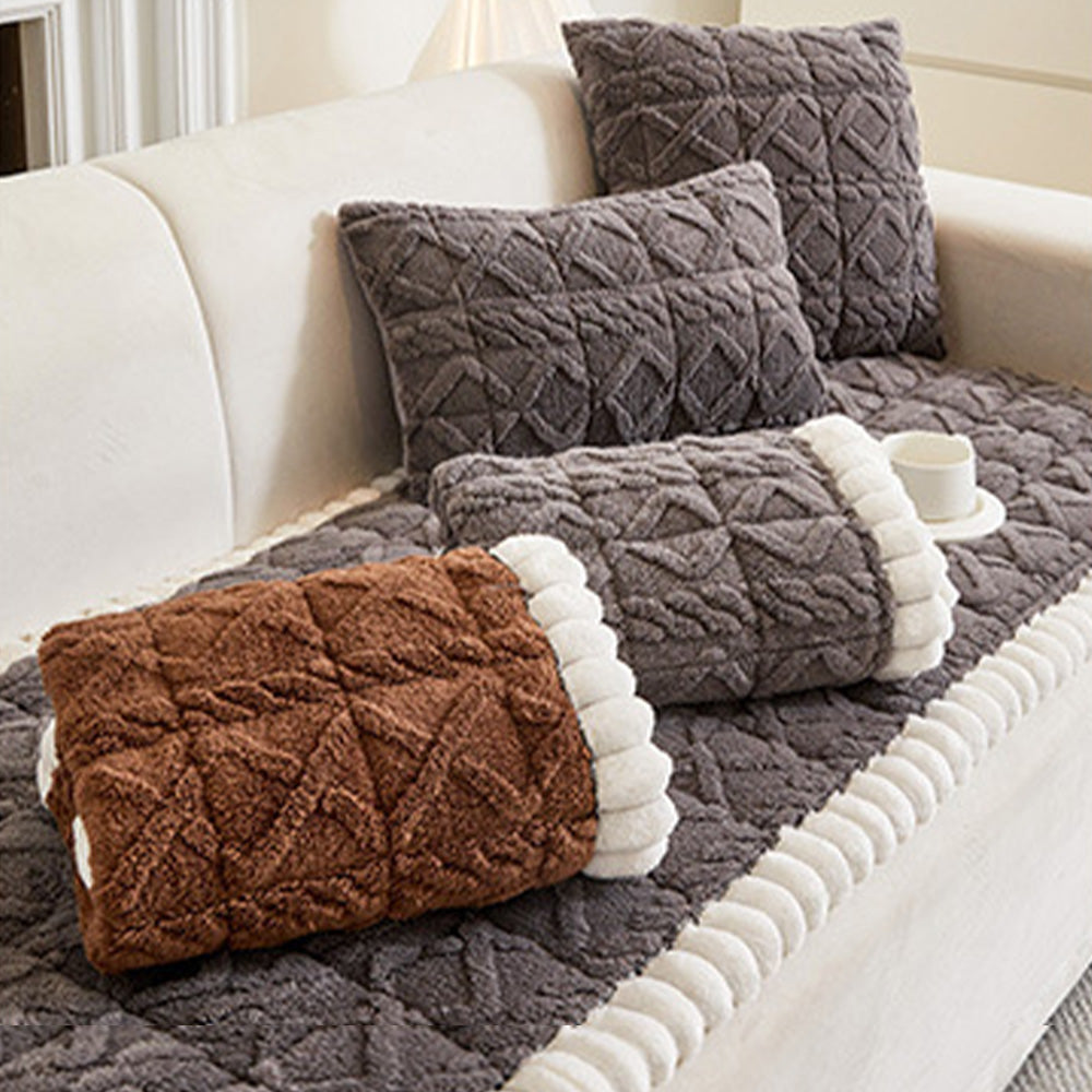 Kids playing on a plush plaid couch cover, anti-slip and machine washable, pet friendly design.