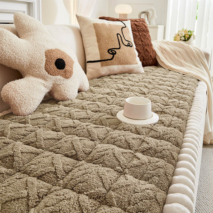 Modern home decor featuring a unisex plush plaid couch cover, anti-slip and pet friendly.