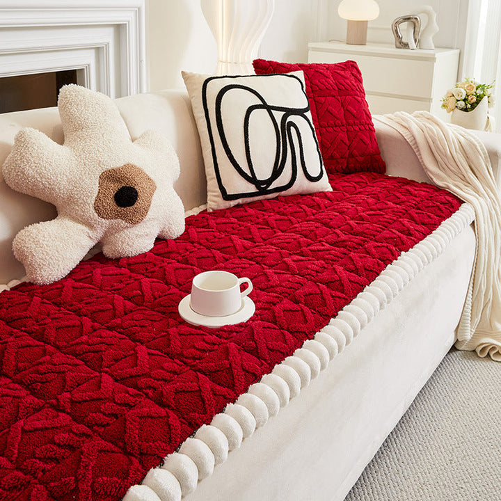 Stylish unisex plush plaid couch cover, anti-slip feature ensures secure furniture protection.