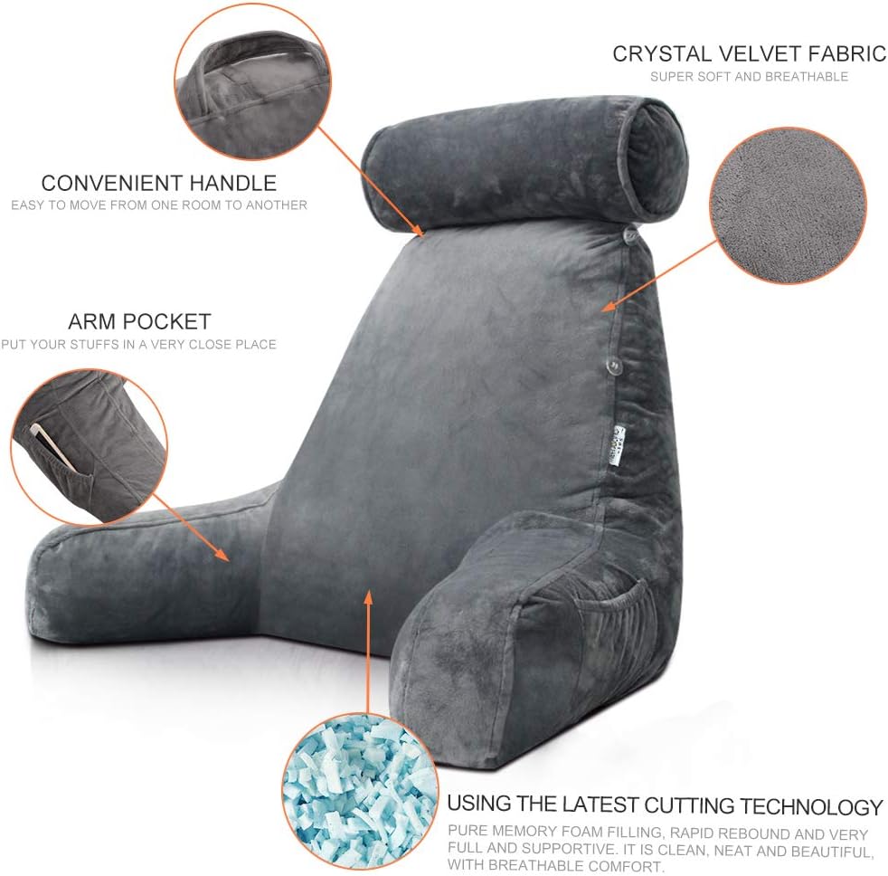 Memory foam reading pillow with arm & neck support, perfect for bed lounging comfort.