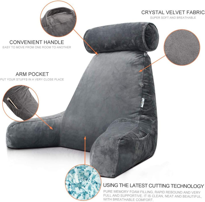 Memory foam reading pillow with arm & neck support, perfect for bed lounging comfort.