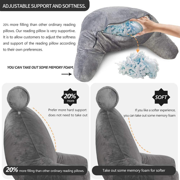 Soft plush reading bed pillow with memory foam for ultimate back & arm support.