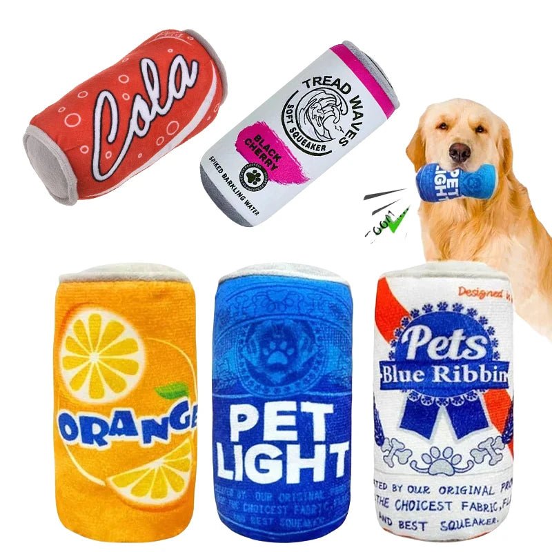 Soft plush bottle dog toy with an internal squeaker, designed for interactive pet play