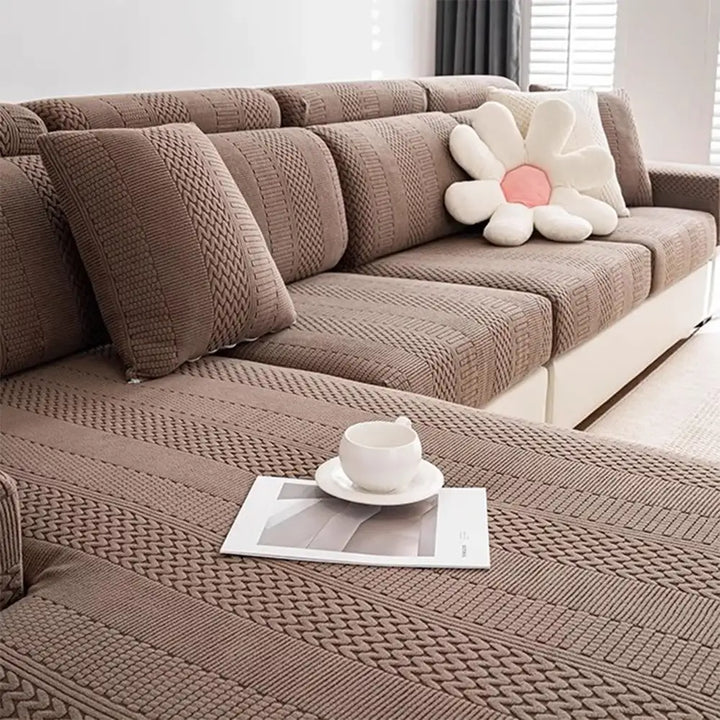 Close-up of soft polar fleece texture on a stretch couch cover, antistatic, pet-friendly