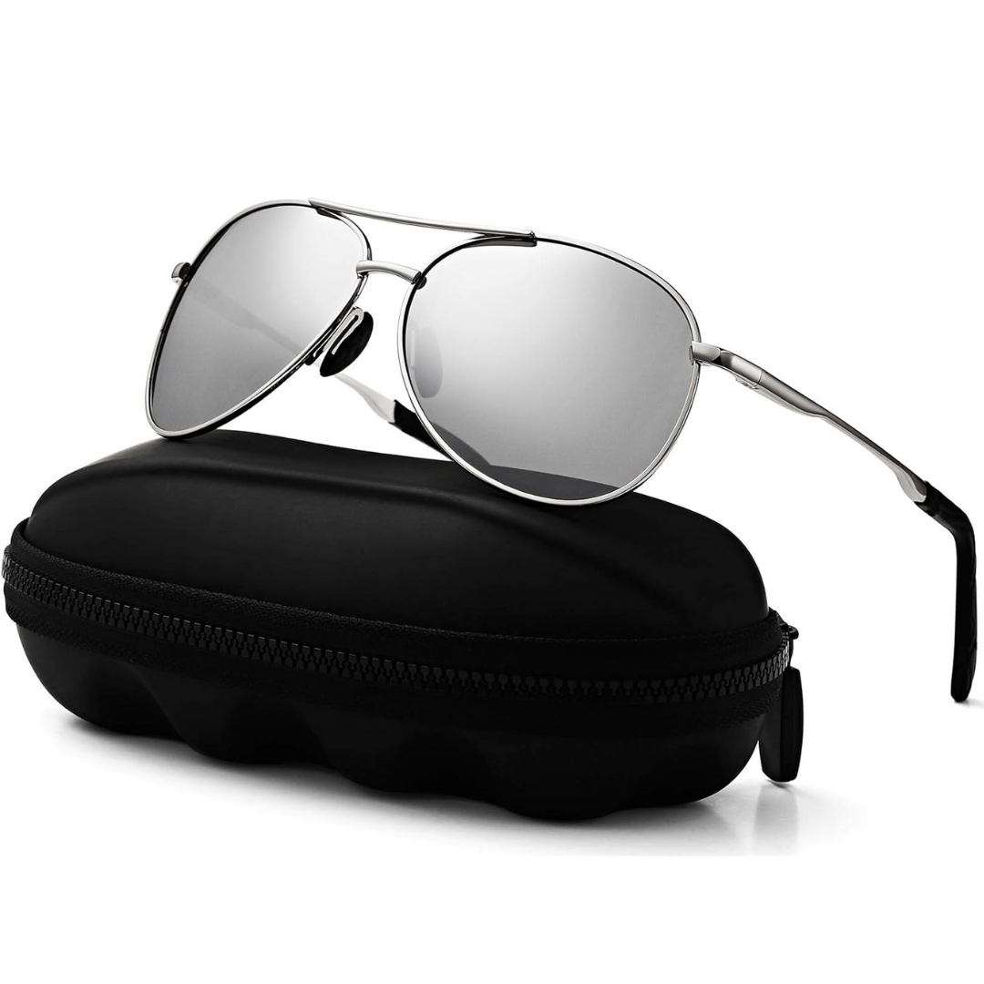 Unisex polarized aviator sunglasses, lightweight metal frame, UV400 protection, glare reduction, classic design.
