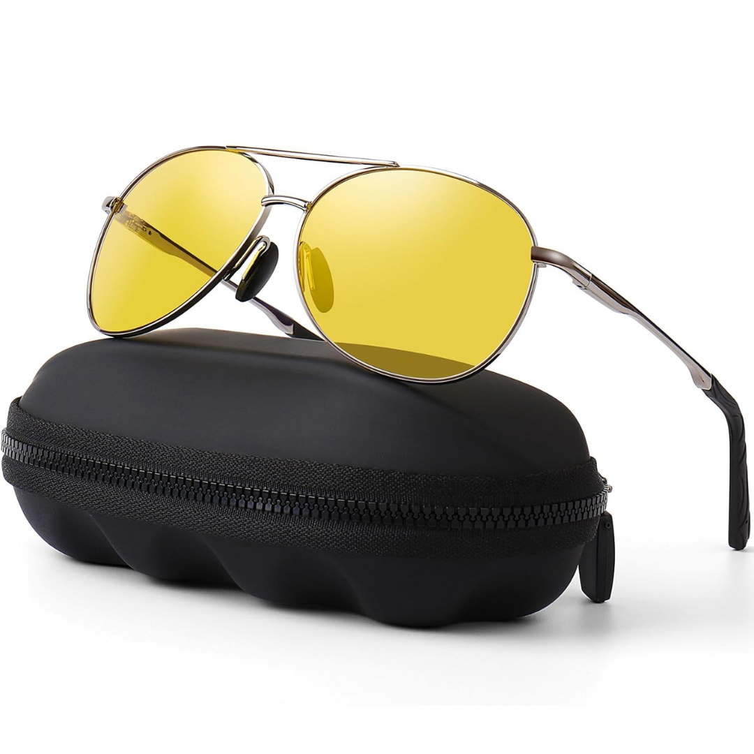 Outdoor eyewear: polarized aviator sunglasses with UV400 protection, essential for driving and sunny conditions.