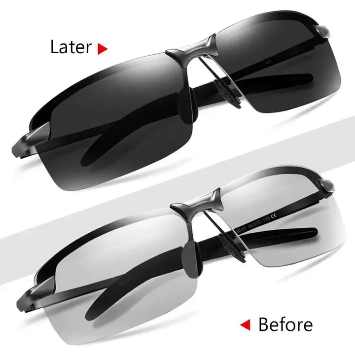 Lightweight unisex photochromic sunglasses with adaptive polarized lenses for enhanced outdoor clarity & comfortable wear.