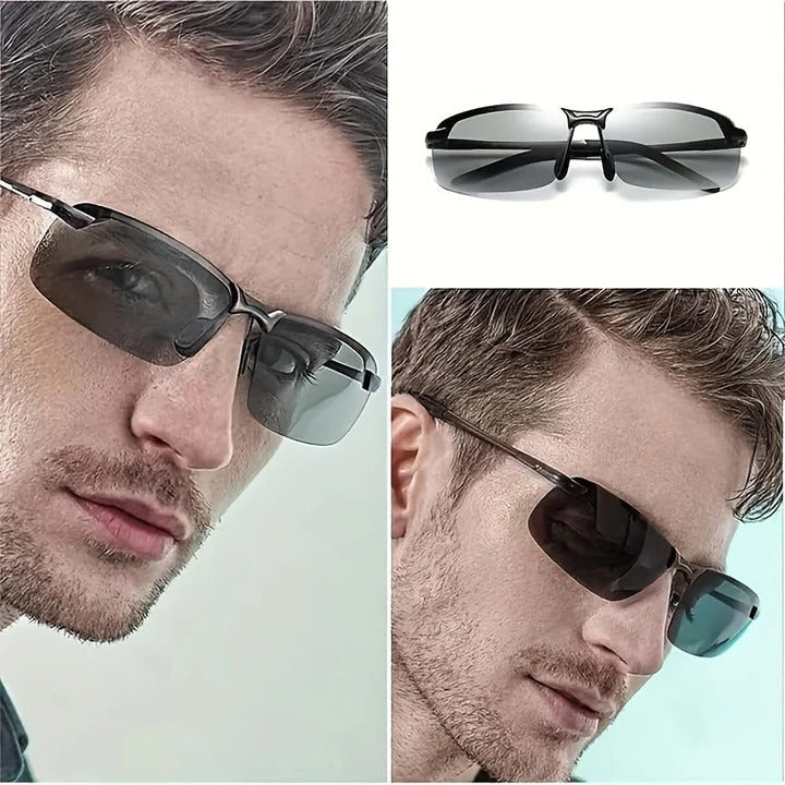 Stylish unisex polarized sunglasses offering photochromic UV protection for outdoor activities, driving, and glare reduction.