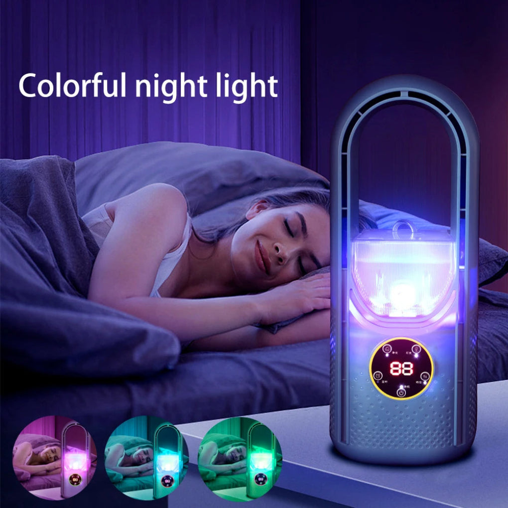 Unisex portable bladeless fan with LED display, quiet USB personal cooling device for desk, home office, or travel.