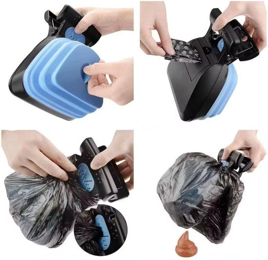Hygienic pet waste cleanup tool, portable & easy to use for dog walkers, includes bag system.