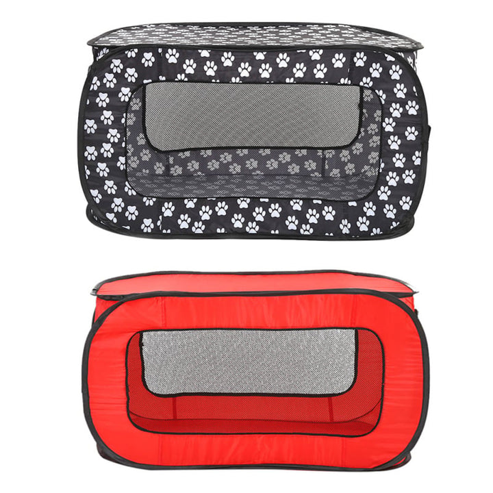 Soft pet carrier with paw prints, foldable design, offering a cozy and secure space for animal travel.