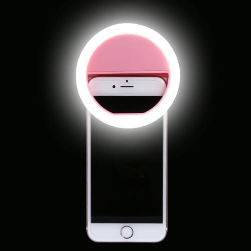 USB rechargeable LED ring light with adjustable brightness for better selfies, videos, & webcam lighting.