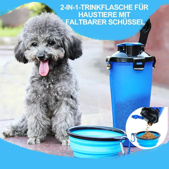 Leakproof portable pet water bottle & food dispenser with attached foldable bowl