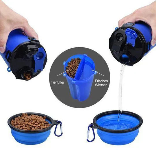 Portable pet travel accessory: water bottle, food container, and collapsible bowl