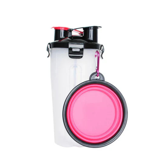 Unisex pet travel bottle with separate compartments for water and dry pet food