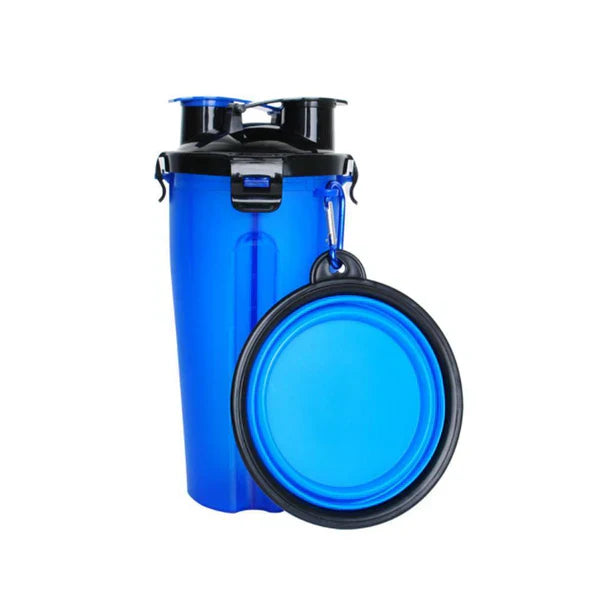 Compact pet travel essential: water dispenser and food storage for active pets