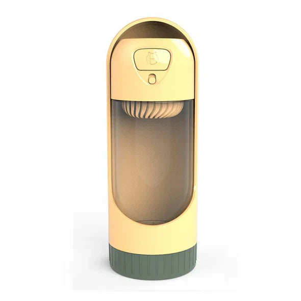 Pet hydration dispenser with integrated bowl, a must-have travel accessory for cats and dogs.