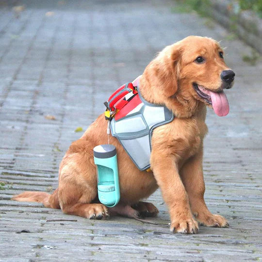 Travel-friendly pet water bottle with attached drinking trough for convenient pet hydration.