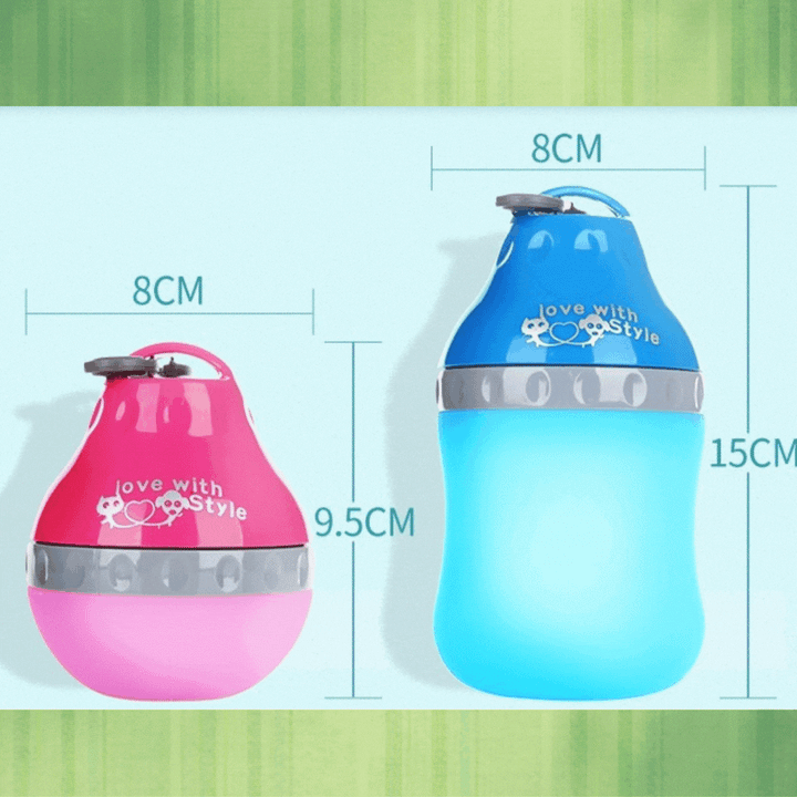 Compact pet water bottle featuring a built-in bowl and carabiner, essential dog supplies for walking and hiking