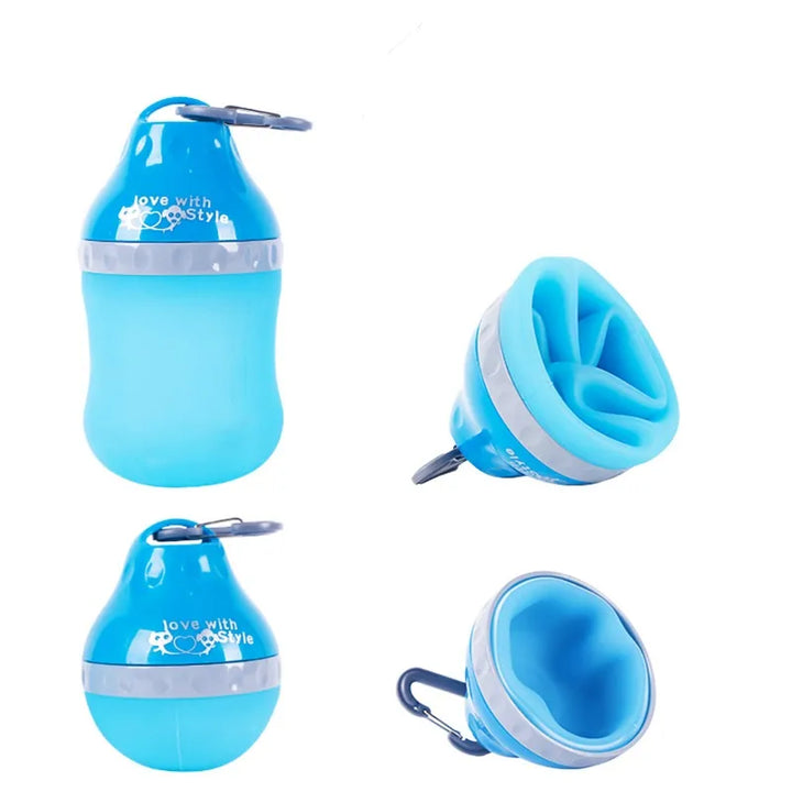 Blue portable pet water bottle with an expandable drinking bowl, convenient for dog hydration during any trip