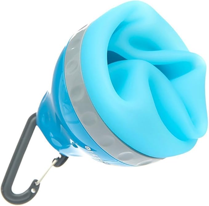 Hands-on image of a person easily filling the integrated bowl of a portable pet water bottle for their dog