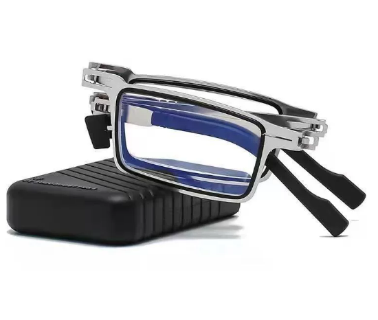 Foldable unisex reading glasses with compact design, perfect travel accessory for clear vision.