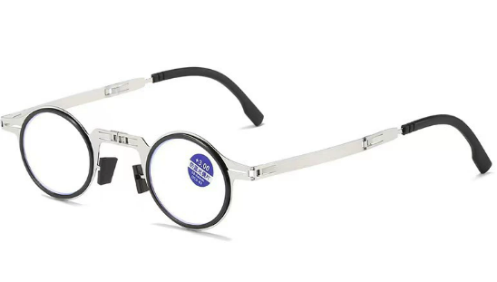 Compact silver frame reading glasses, a portable vision aid for men and women, clear magnification.
