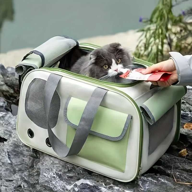 Foldable, ventilated space capsule pet carrier bag for travel, suitable for cats and dogs.