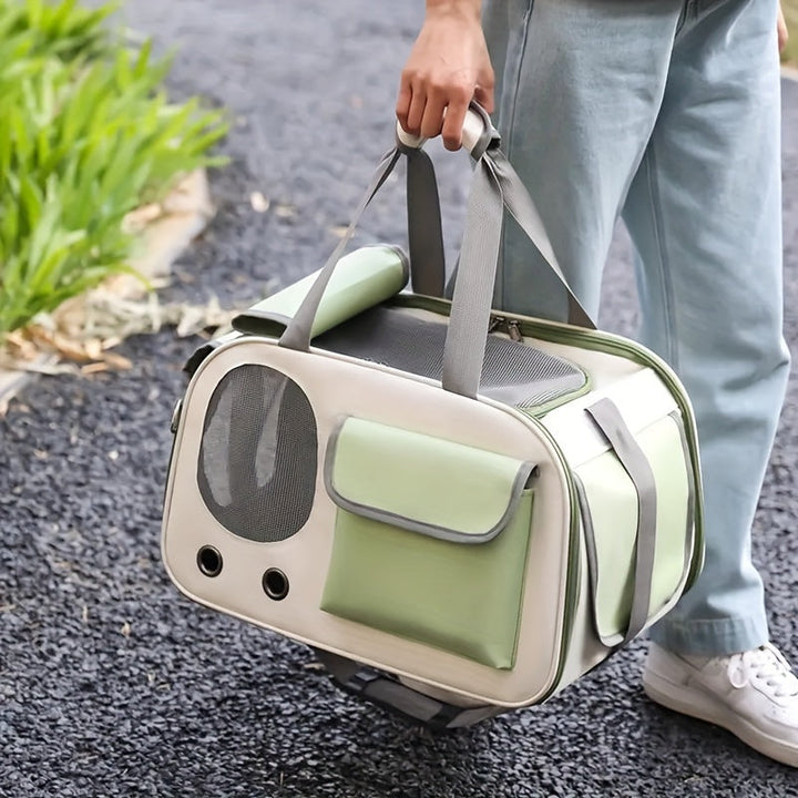 Air travel approved pet carrier: compact, portable space capsule design for secure pet transport.