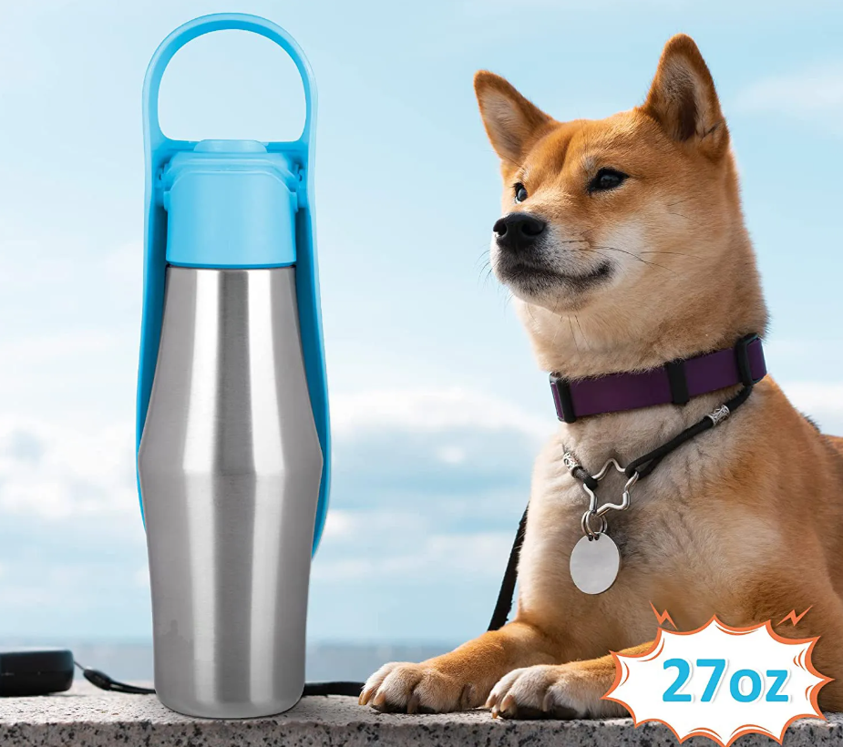 Unisex portable stainless steel dog water bottle with attached travel bowl, perfect for pet hydration on the go.