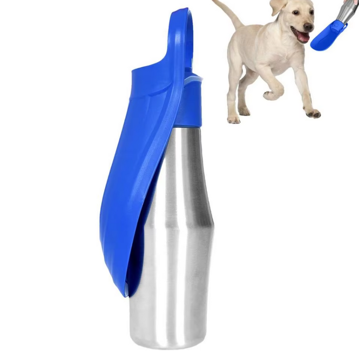 Stylish stainless steel dog water bottle with an integrated travel bowl for optimal pet hydration during travel.