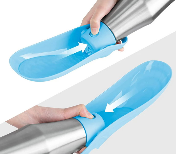 Stainless steel dog water bottle and integrated travel bowl, essential dog accessory for outdoor adventures.